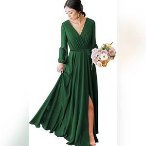 Kidadndy Long Sleeve Bridesmaid Dress Chiffon Faux-Wrap A Line in Emerald Green